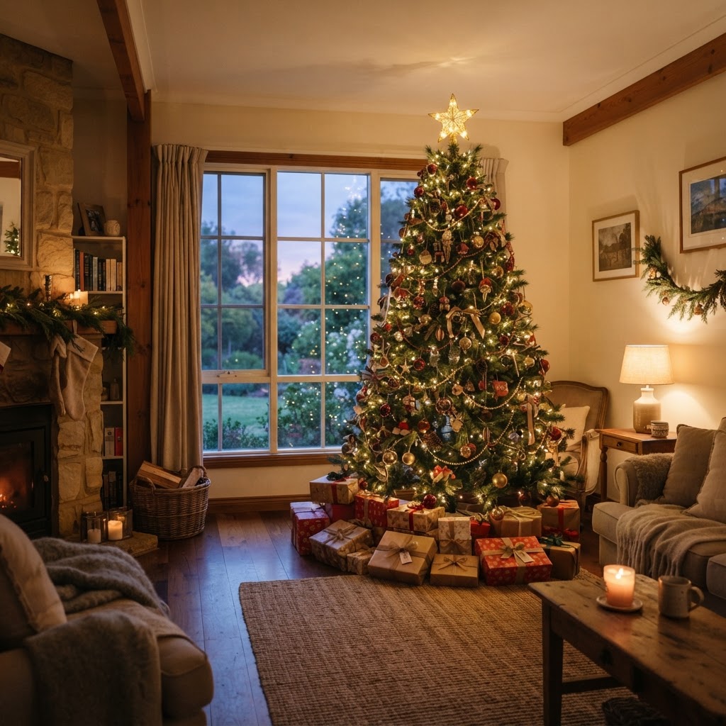 Family lounge room in Adelaide with a glowing decorated Christmas tree at dusk — Christmas World delivers to Adelaide