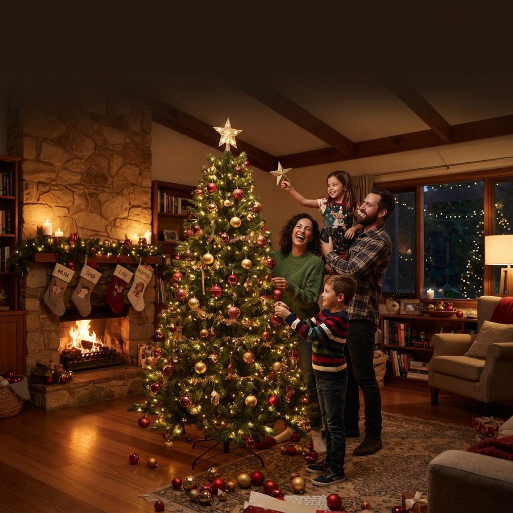Family decorating a pre-lit Christmas tree in a warm living room — Christmas World delivers to Geelong and the Bellarine