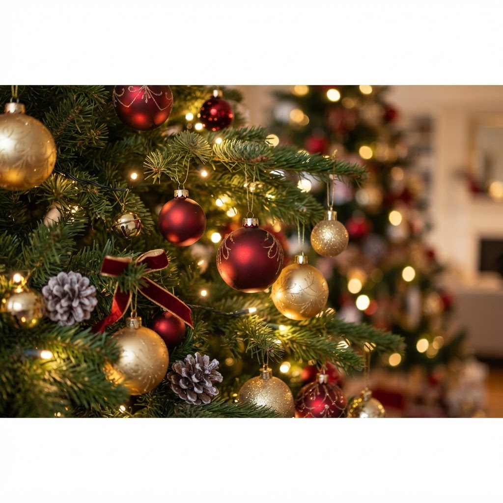 Close-up of red and gold baubles on a decorated Christmas tree — decorations delivered to the Sunshine Coast