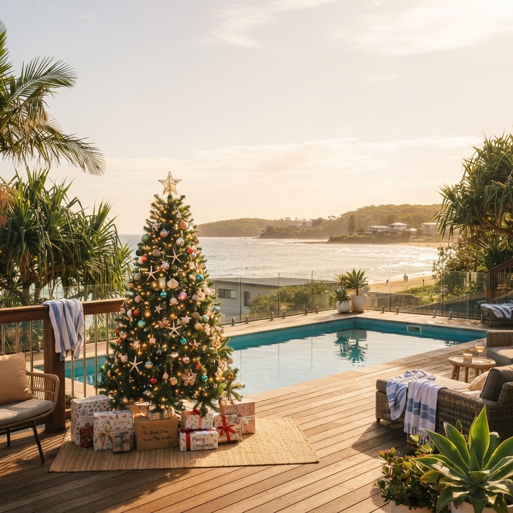 Coastal Queensland home with a decorated Christmas tree on the deck at golden hour — Christmas World delivers to the Sunshine Coast