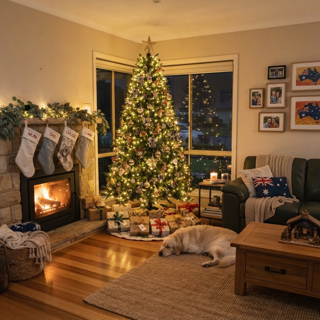 Warm living room with a glowing pre-lit artificial Christmas tree — trees delivered to the Sunshine Coast