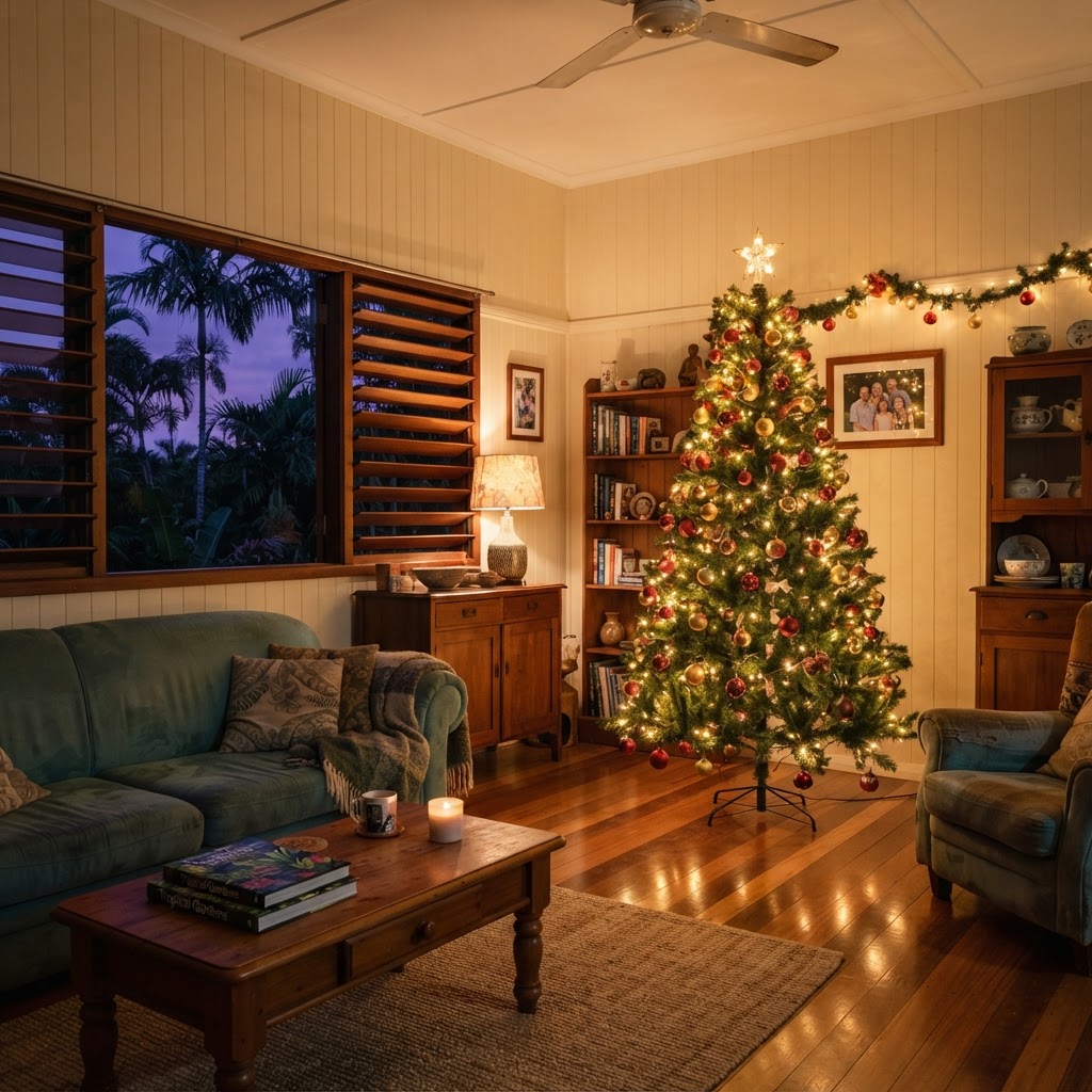 Tropical Queenslander lounge room in Cairns with a glowing decorated Christmas tree at dusk, palm trees outside — Christmas World delivers to Cairns