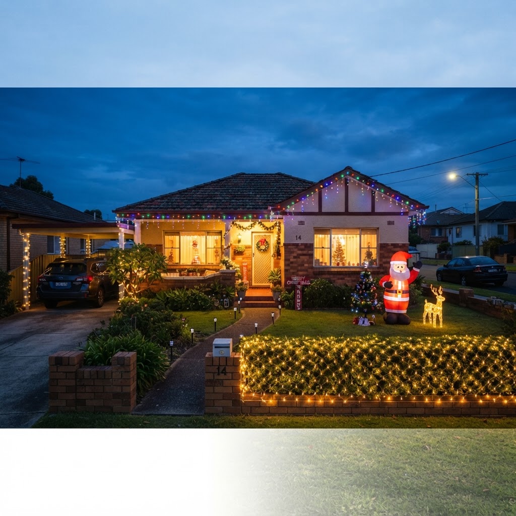 House at dusk dressed in icicle lights and an inflatable Santa — outdoor lights delivered to the Sunshine Coast