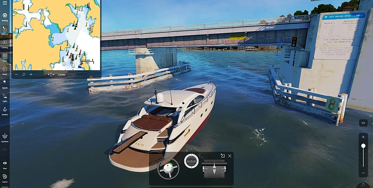 NAUTIS maritime simulator showing a motor yacht approaching a bridge passage, with navigation chart, helm controls and compass displayed on screen