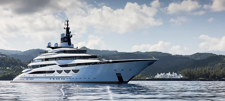 The superyacht AHPO anchored in Caribbean coastal waters