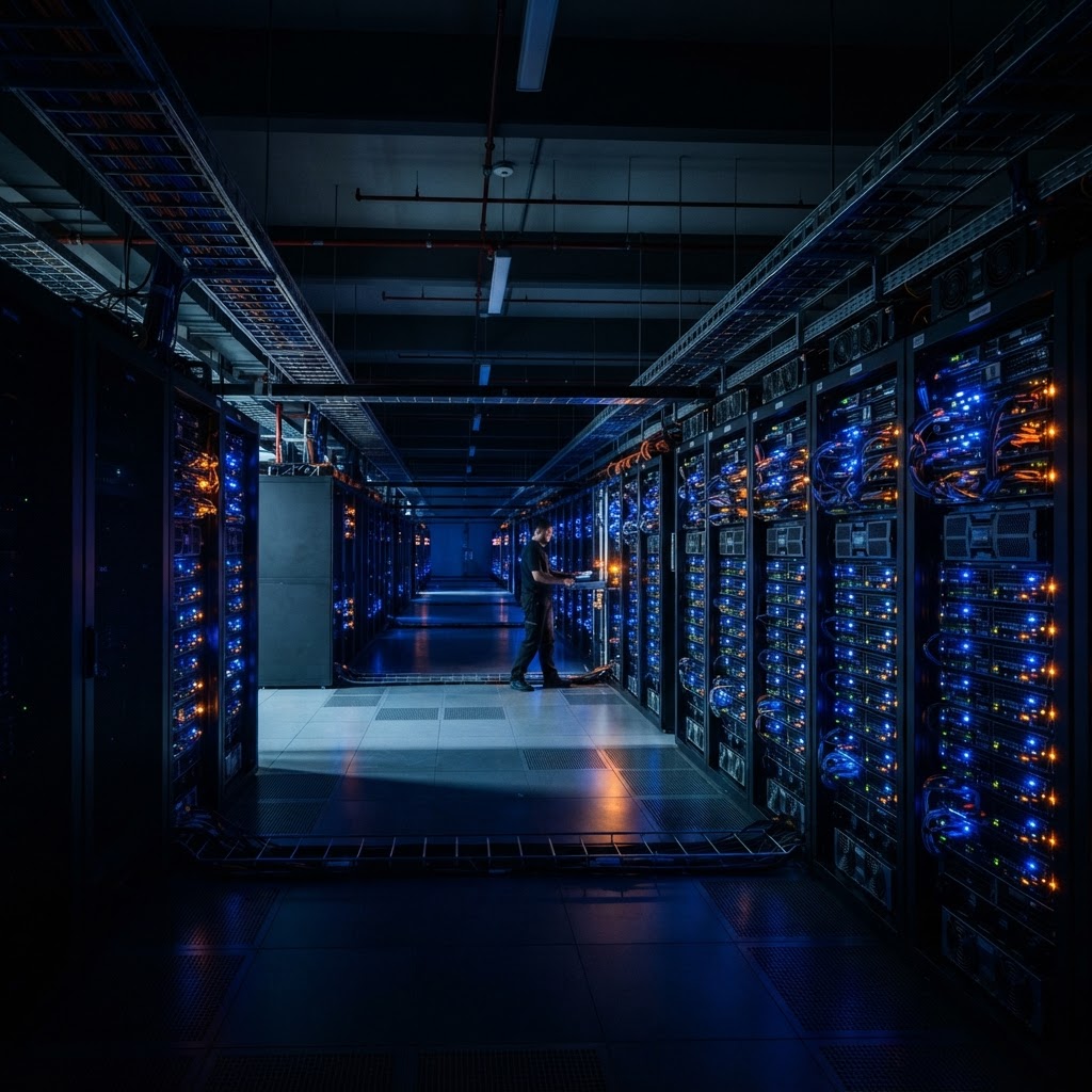 Modern data center hosting AI edge processing infrastructure