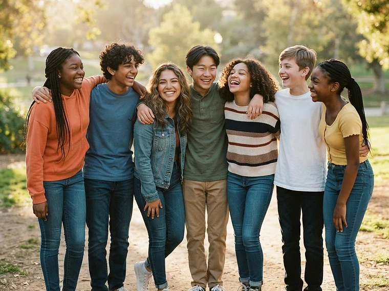 A diverse group of adolescents aged 10–18 smiling together outdoors
