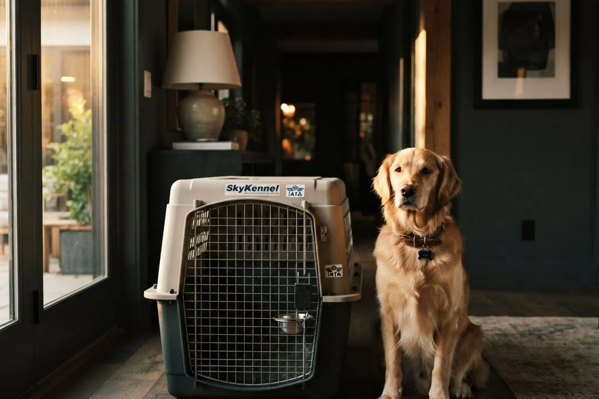 A golden retriever sitting calmly beside a professional airline travel crate