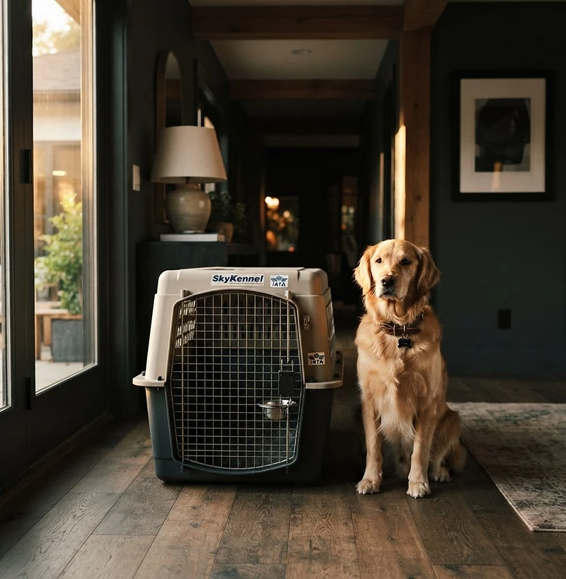 A golden retriever sitting calmly beside a professional airline travel crate