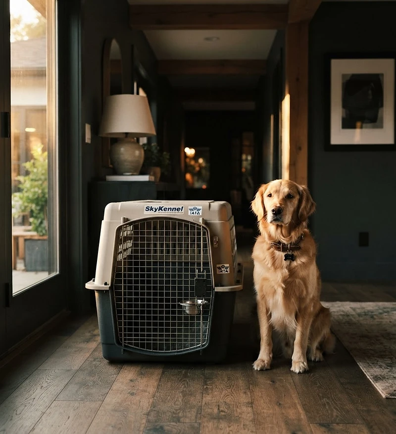 A golden retriever sitting calmly beside a professional airline travel crate