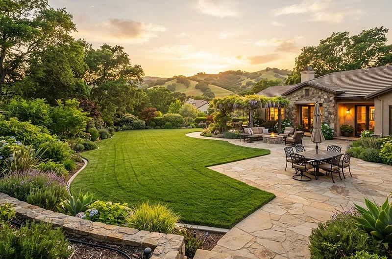 Beautifully landscaped Sonoma County backyard at golden hour