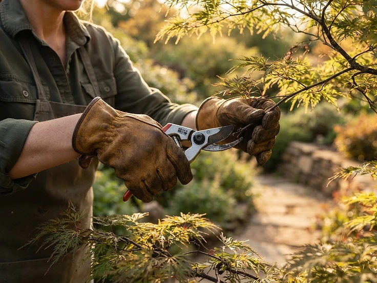 Professional landscaper pruning a Japanese maple with precision