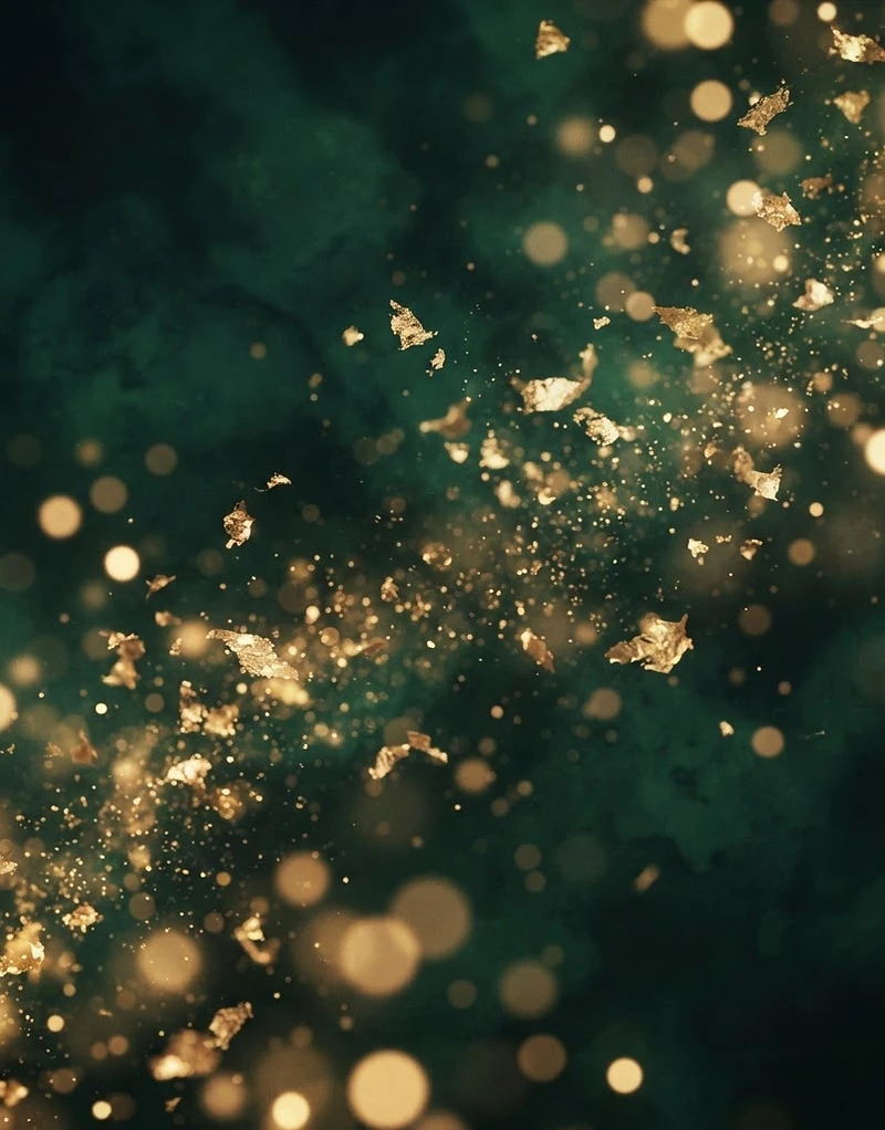 Abstract golden light particles drifting through deep emerald, evoking prestige and renewal