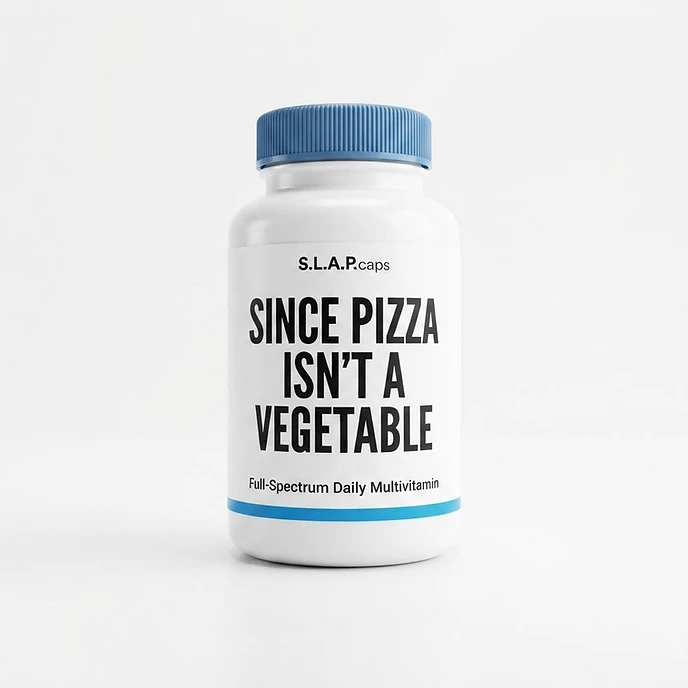 S.L.A.P.caps multivitamin bottle labeled Since Pizza Isn't A Vegetable