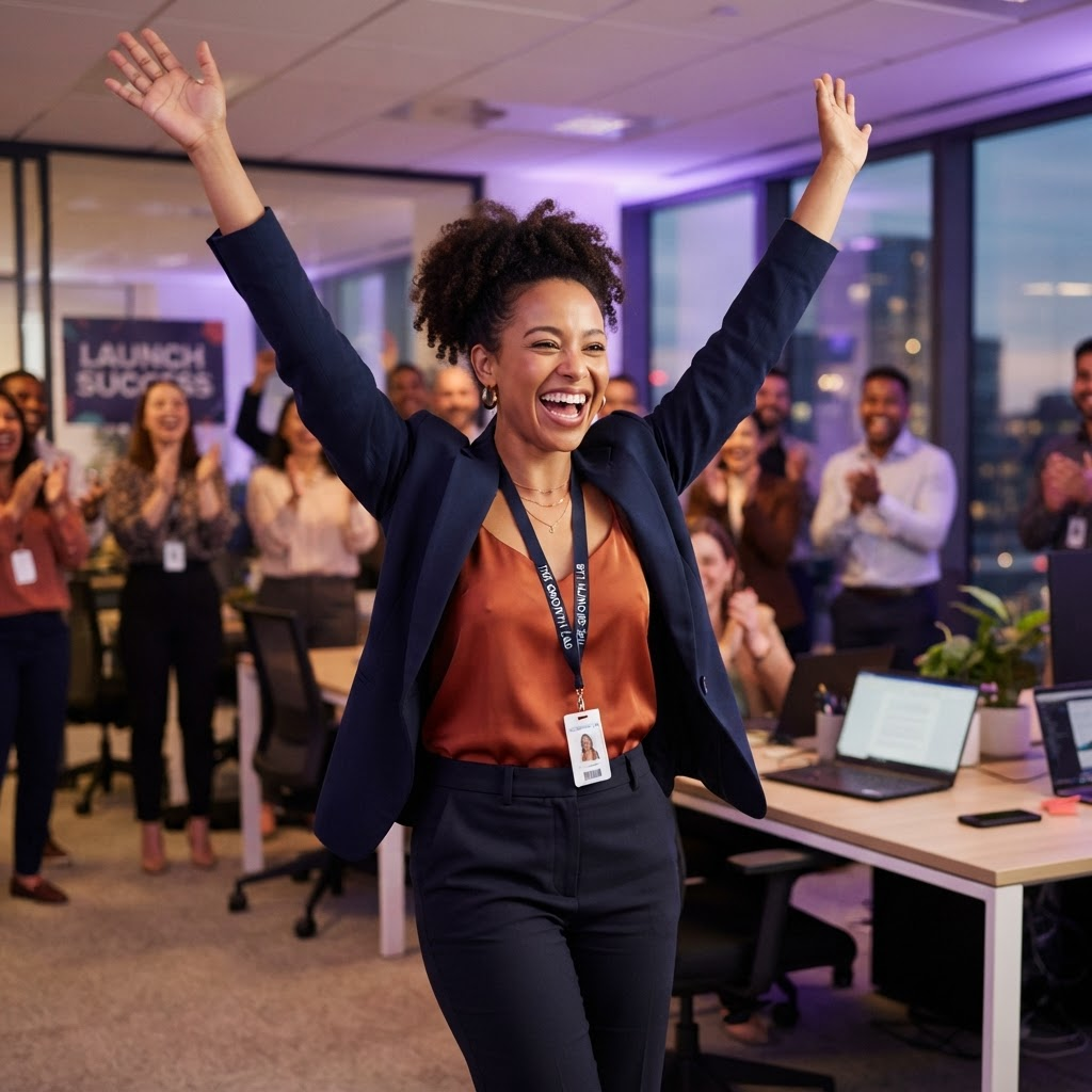 Excited entrepreneur celebrating their new AI software business