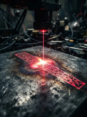 Red laser beam engraving intricate patterns on a titanium metal surface