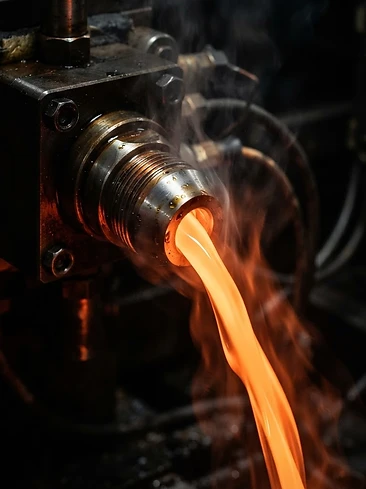 Molten plastic flowing through a precision steel hot runner nozzle