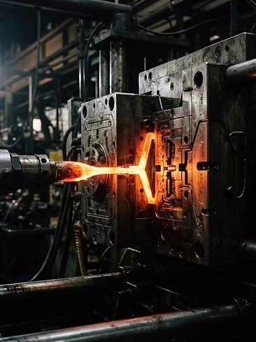 Industrial injection molding machine with two steel mold halves clamping together