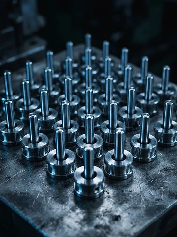 Grid of precision polished steel ejector pins with cool blue arc lighting