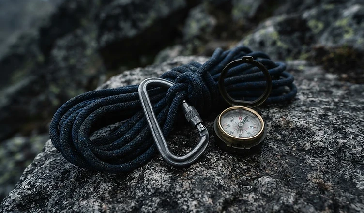 Technical climbing gear — rope coil, carabiner, and compass on stone