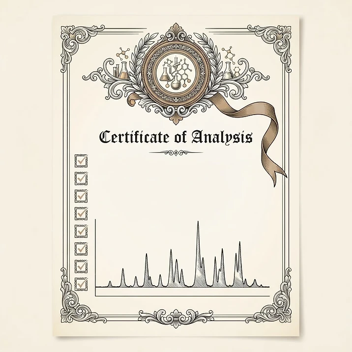 Illustration of an official Certificate of Analysis with wax seal