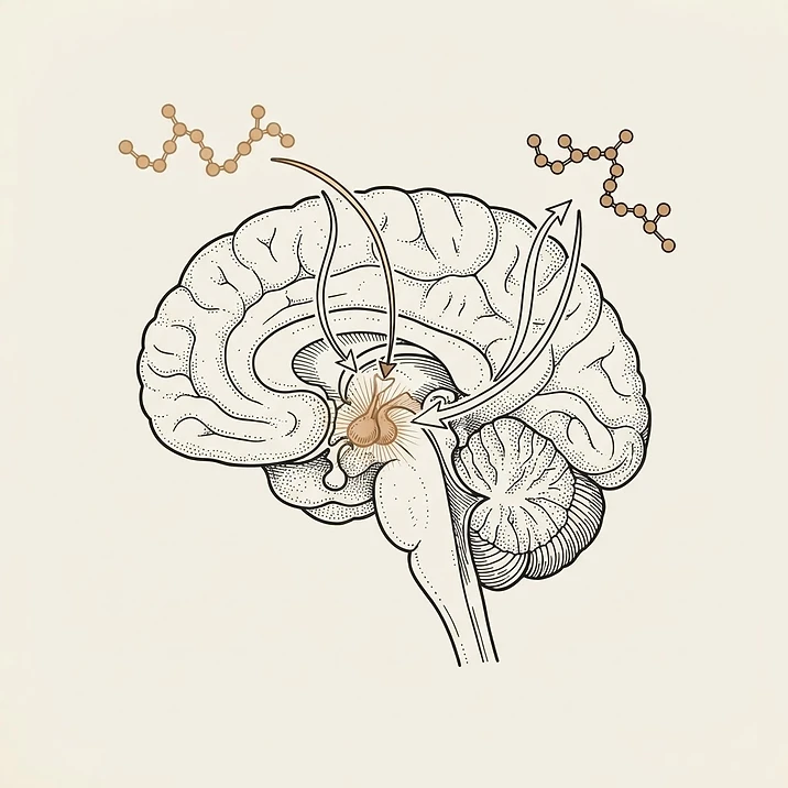 Illustration of the pituitary gland with two peptide chains converging