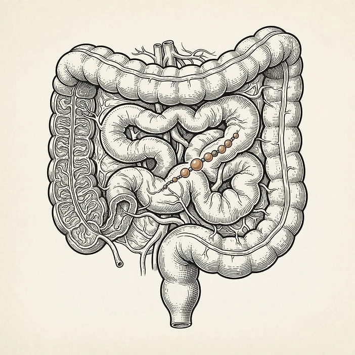 Illustration of a tripeptide traveling through a coiled intestine