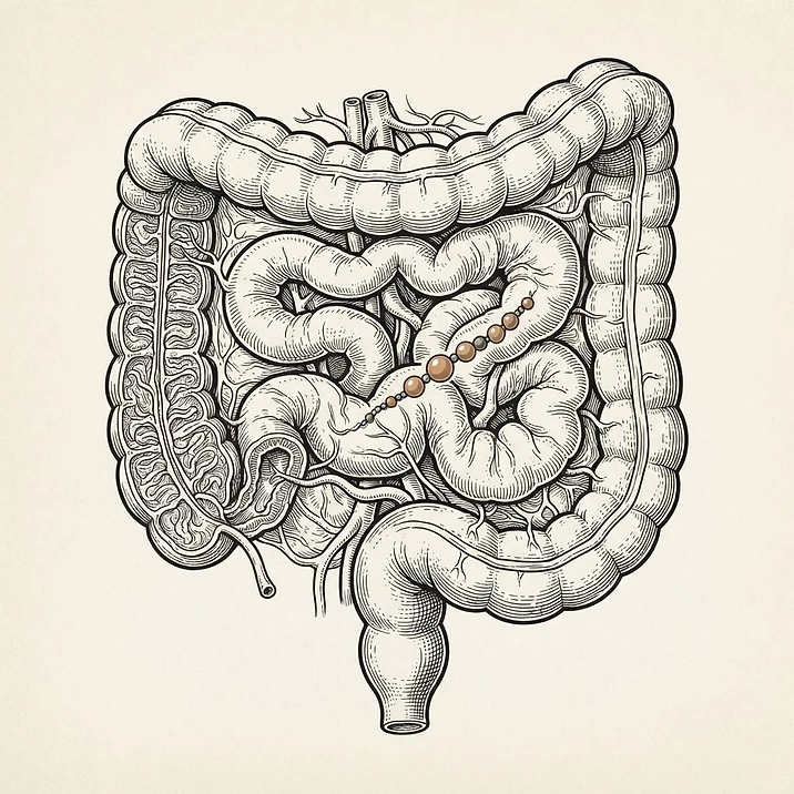 Illustration of a tripeptide traveling through a coiled intestine
