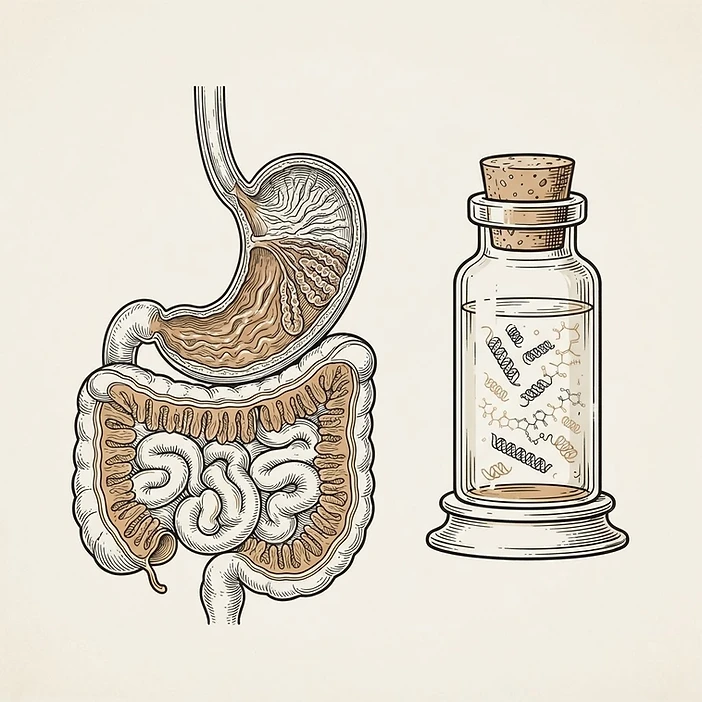 Illustration of a stomach cross-section beside a research vial