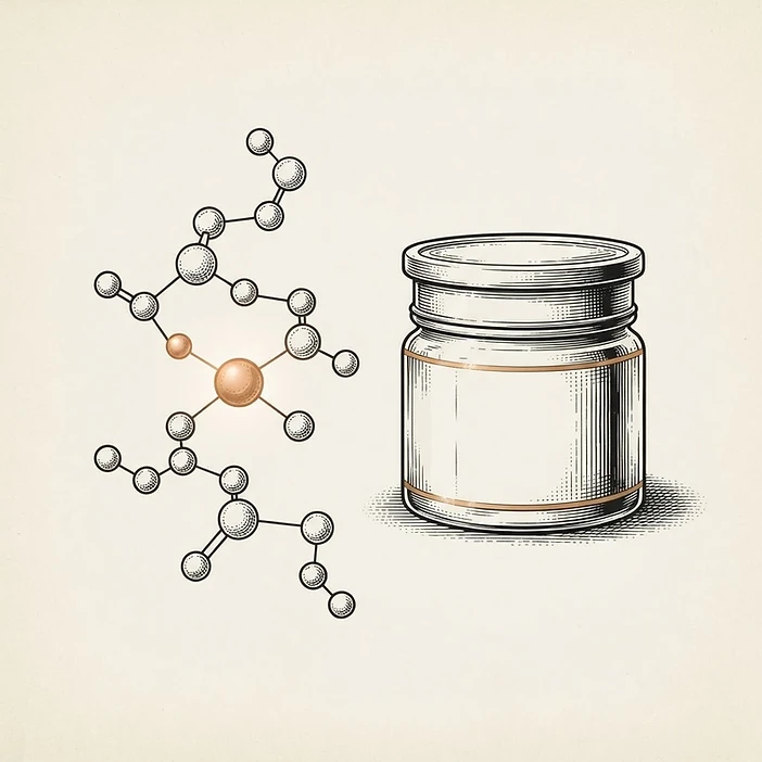 Illustration of a copper-toned molecule beside a cream jar