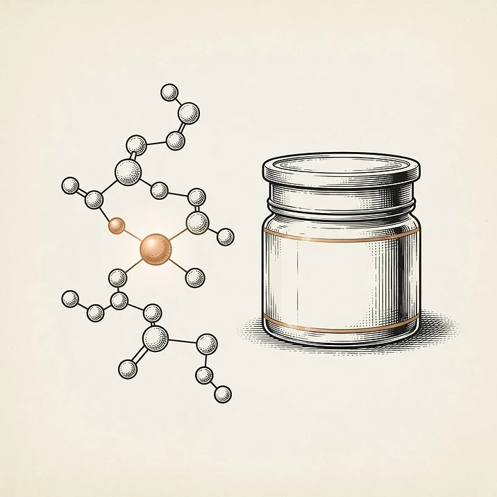 Illustration of a copper-toned molecule beside a cream jar