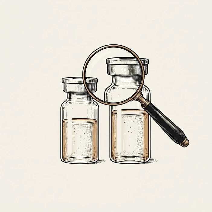 Illustration of two similar vials examined with a magnifying glass