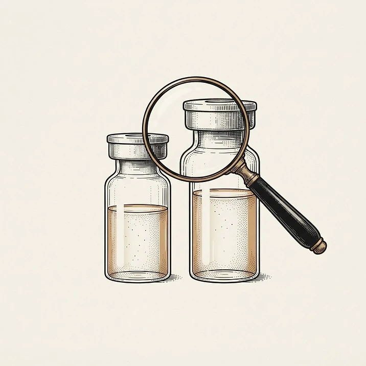 Illustration of two similar vials examined with a magnifying glass
