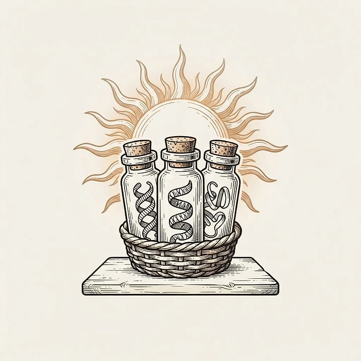 Illustration of three vials clustered before a rising sun