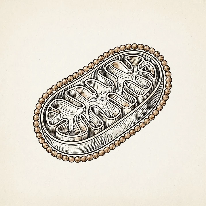 Illustration of a peptide chain wrapping a mitochondrion membrane