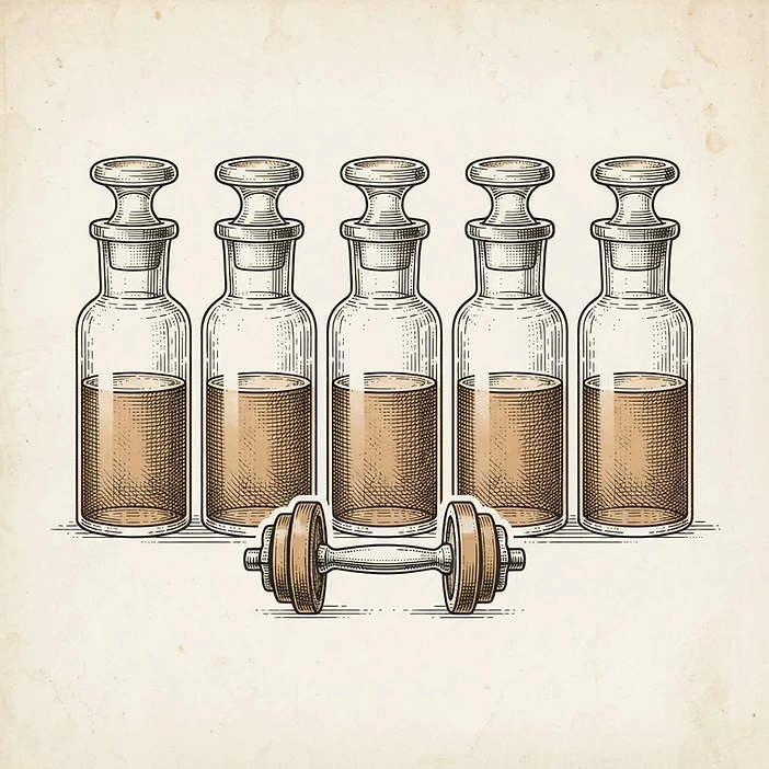 Illustration of five vials in a row with a dumbbell