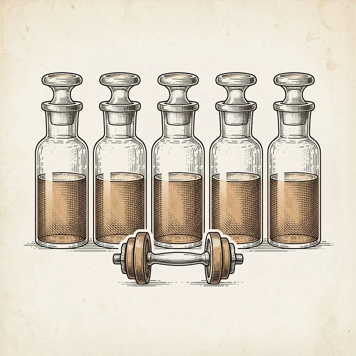 Illustration of five vials in a row with a dumbbell