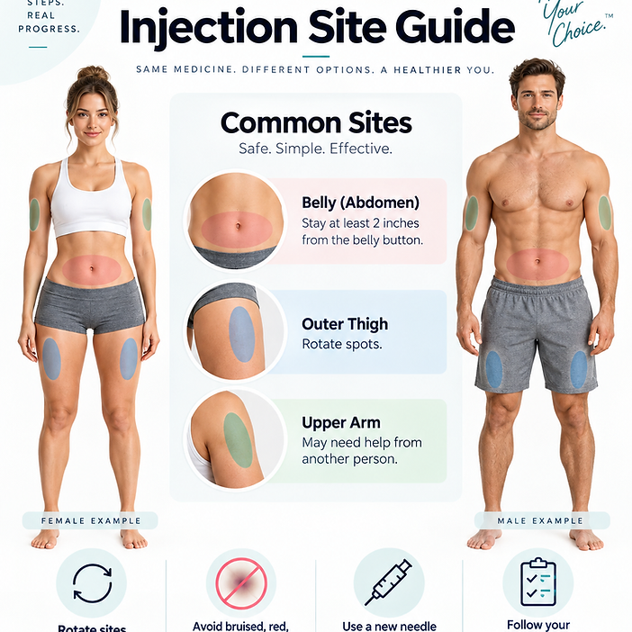 Injection sites marked on a female and male figure, with callouts for the abdomen, outer thigh and upper arm