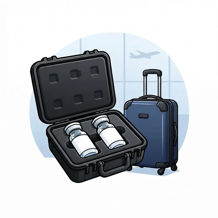 Peptide vials secured in a padded travel case beside carry-on luggage