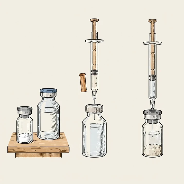 Illustration of peptide reconstitution: vial, bacteriostatic water, and syringe