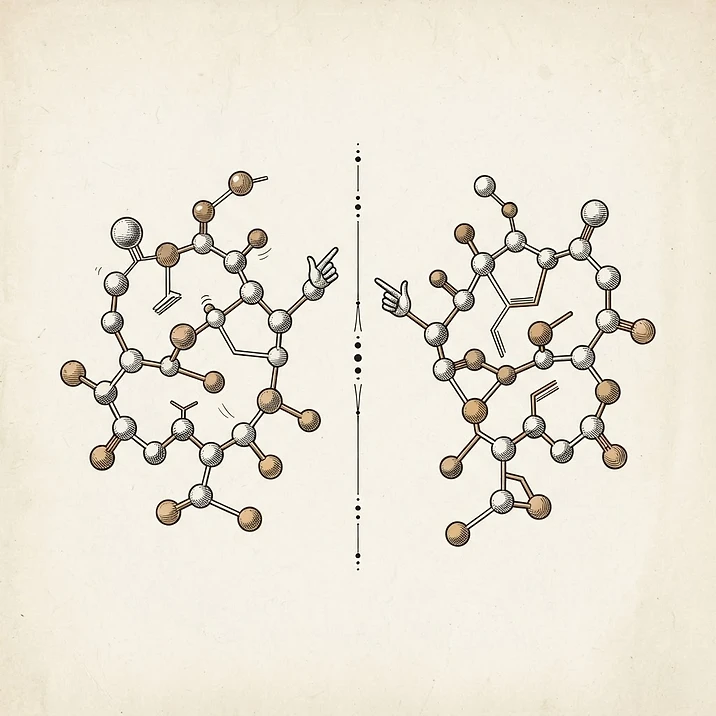 Illustration of two peptide structures facing each other in debate