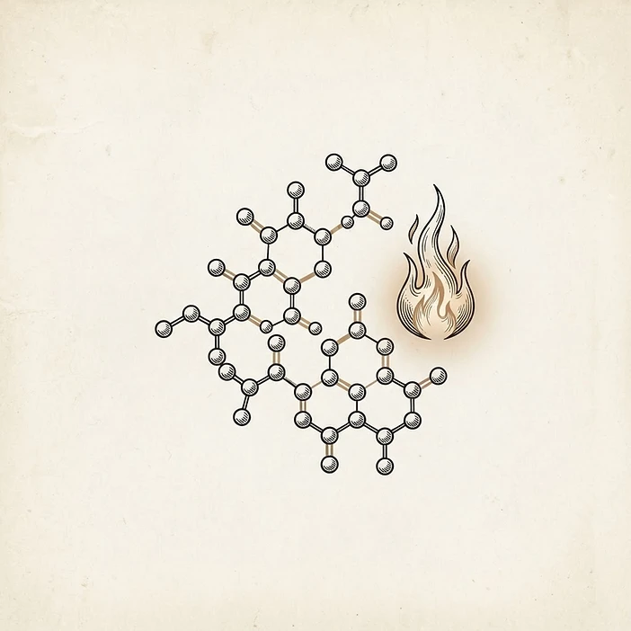 Illustration of a small molecule structure with a flame of energy