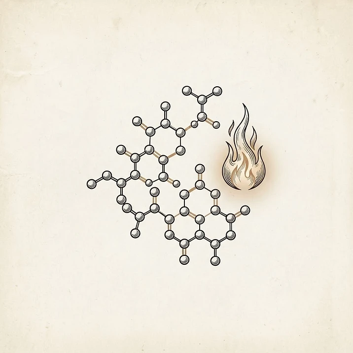 Illustration of a small molecule structure with a flame of energy