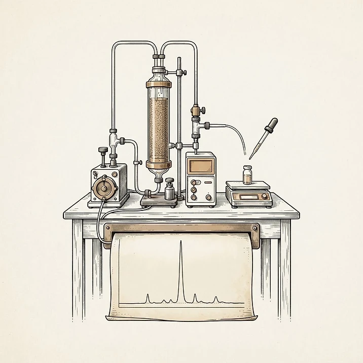 Illustration of an HPLC instrument with a chromatogram peak