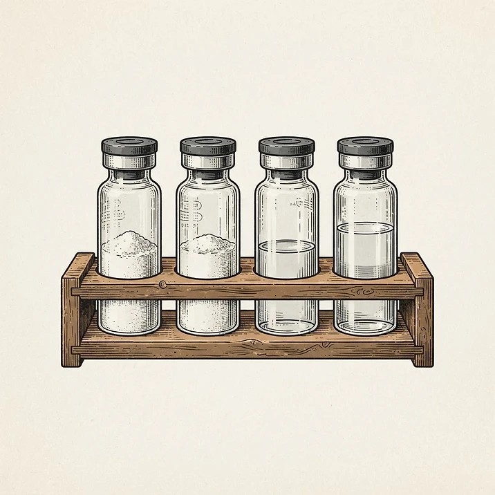 Illustration of four niche research vials in a wooden rack