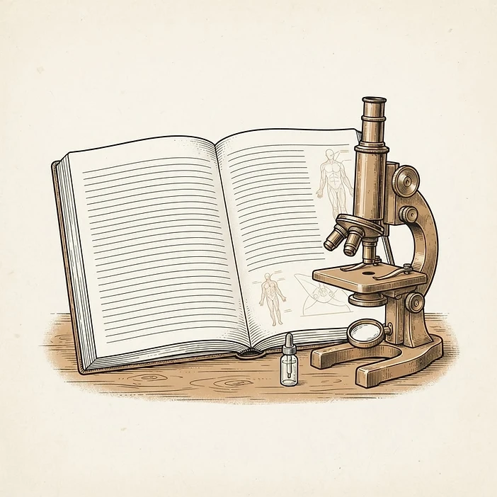Illustration of an open lab notebook with a microscope