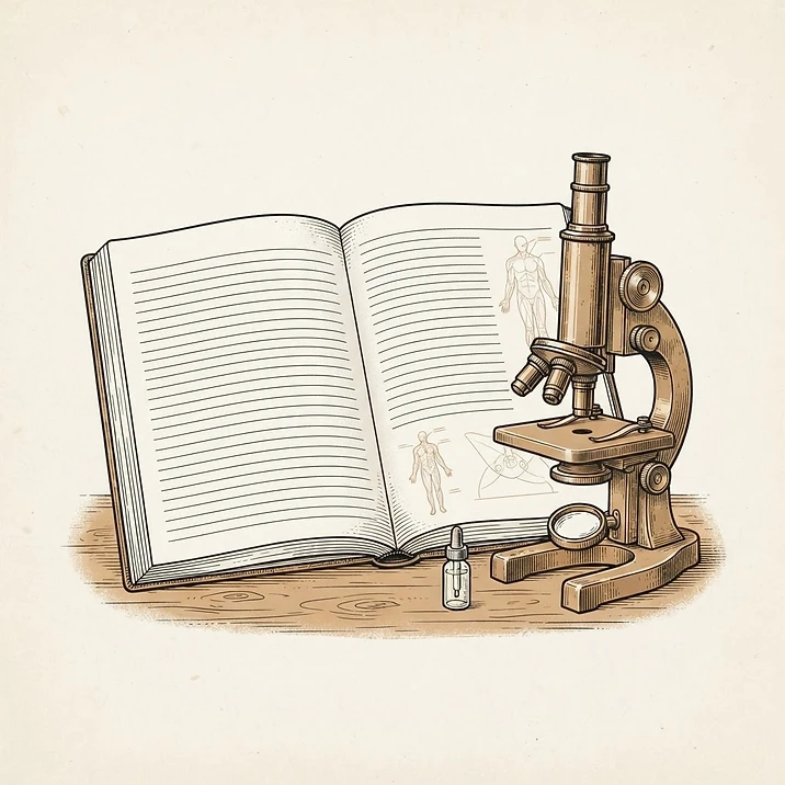 Illustration of an open lab notebook with a microscope