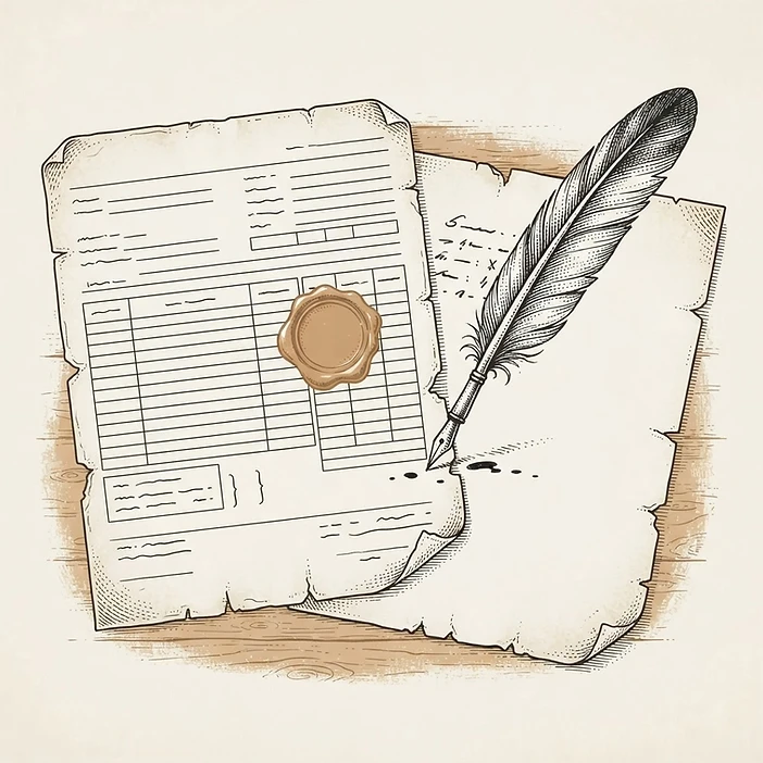 Illustration of a forged lab report with quill and torn paper
