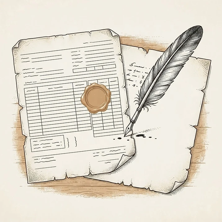 Illustration of a forged lab report with quill and torn paper