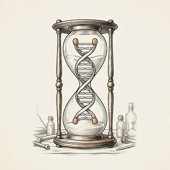 Illustration of an hourglass containing a DNA helix with telomere caps